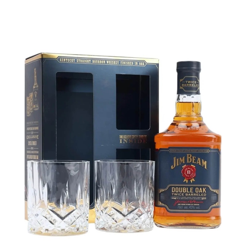 Jim Beam Double Oak Bourbon Whiskey with 2 Glasses Gift Set, 70 cl