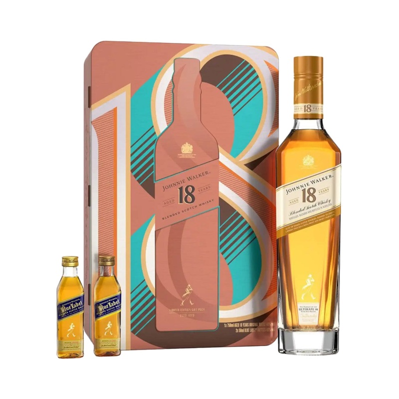 Johnnie Walker 18 Year Old Blended Scotch Whisky Tin with 2 Blue label 5 cl Gift Set