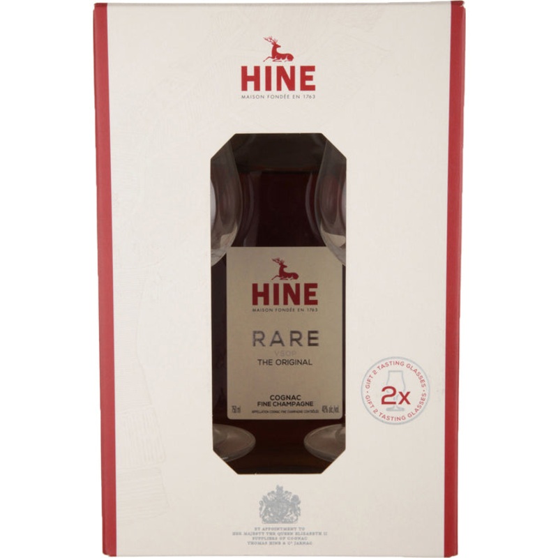 HINE FINE CHAMPAGNE COGNAC VSOP RARE THE ORIGINAL 80 W/ 2 ROCKS GLASSES 750ML