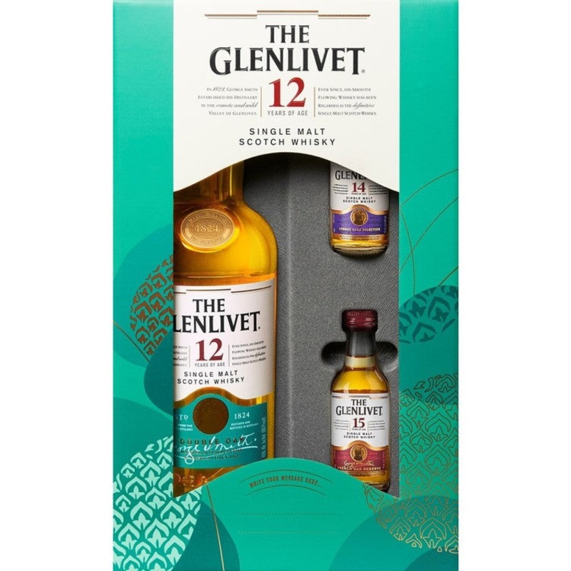 THE GLENLIVET SINGLE MALT SCOTCH 12YR 80 W/ 1-50ML THE GLENLIVET COGNAC CASK 14YR 80 & 1-50ML THE GLENLIVET FRENCH OAK 15YR 80 750ML