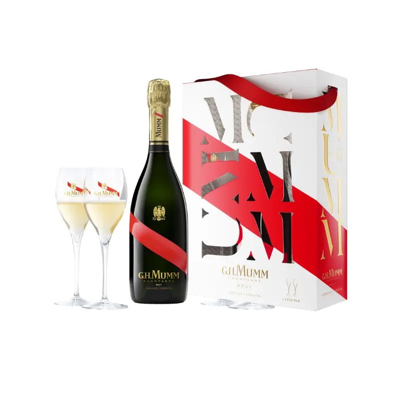 GH Mumm Champagne Brut Grand Cordon France W/2 Flute Festive Giftset 750mL
