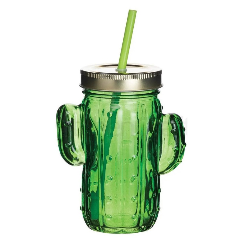 BarCraft Cactus Drinks Jar with Straw Green Glass, 400 ml